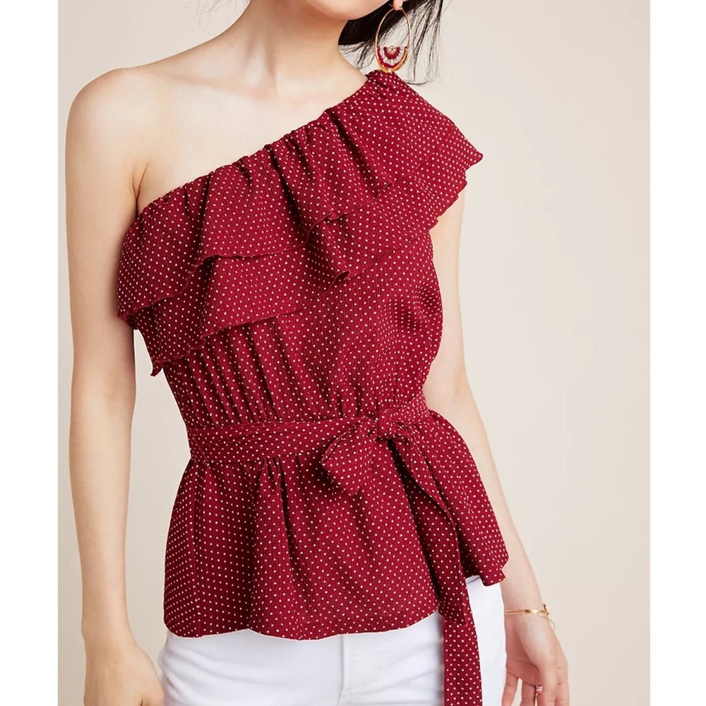 Anthropologie MAEVE Rita Ruffled One Shoulder Top Wine Bordeaux size Large